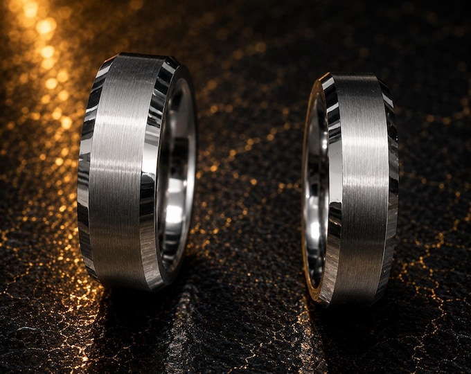 Personalized Engraved Tungsten Wedding Band Set, Brushed Beveled Rings, Custom His and Hers Wedding Bands, Matching Couple Promise Rings
