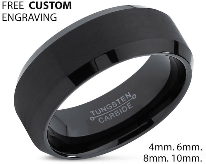 Personalised Black Tungsten Wedding Band, 8mm Custom Engraved Ring with Brushed Finish, Step Edge Minimalist Ring for Men or Women