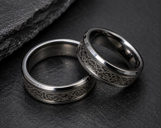 His & Hers Dragon Tungsten Wedding Ring Set, Custom Engraved Celtic Knot Bands, Matching Couples Rings, Comfort Fit Anniversary Promise Gift