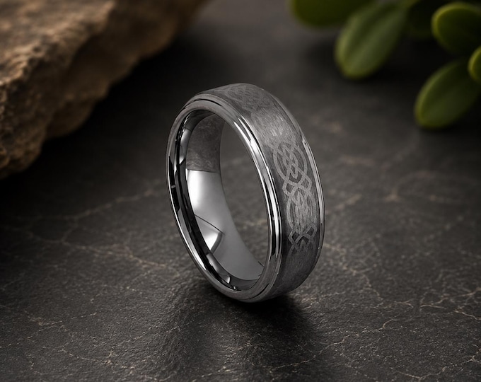 Custom Engraved Celtic Knot Tungsten Ring, Personalized Durable Wedding Band, Infinity Knot Promise Ring, Rustic Men's Anniversary Jewelry