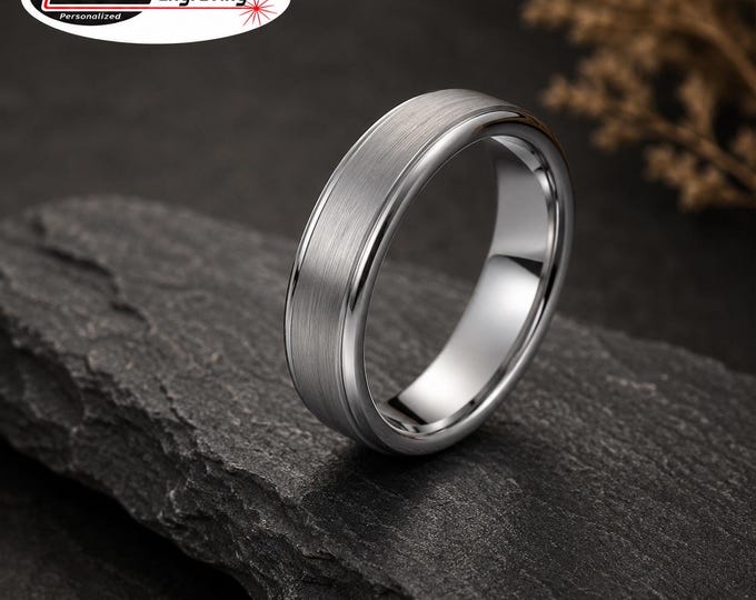 Personalized 6mm Tungsten Carbide Wedding Band Ring, Brushed Center Finish Custom Engraved Ring, Durable Comfort Fit Anniversary Jewelry