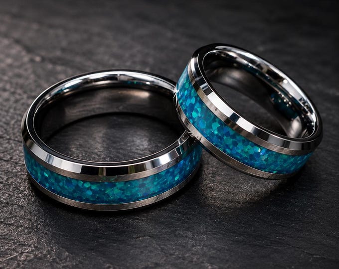 Custom Engraved Tungsten Wedding Band Set, Hawaiian Blue Fiber Inlay Rings, Personalized Matching Bands, Comfort Fit Anniversary Gift
