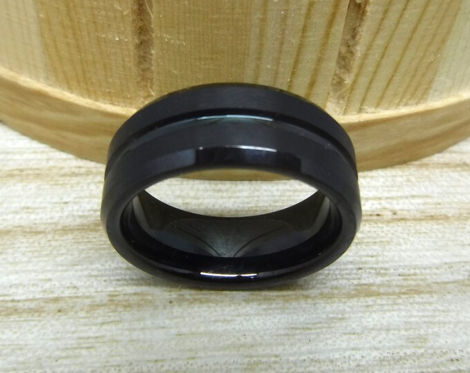 Beveled Brushed Wedding Band with Center Groove, Personalized Men’s Promise Ring, Custom Engraved 8mm Black Tungsten Ring Anniversary Gift