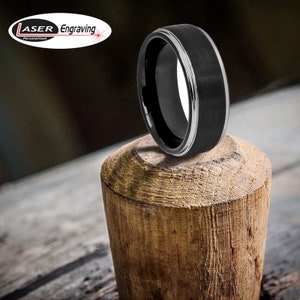 Custom Engraved Tungsten Ring, 8mm Black Plated Wedding Band with Step Edges, Elegant Ring for Him or Her, Unisex Durable Promise Ring