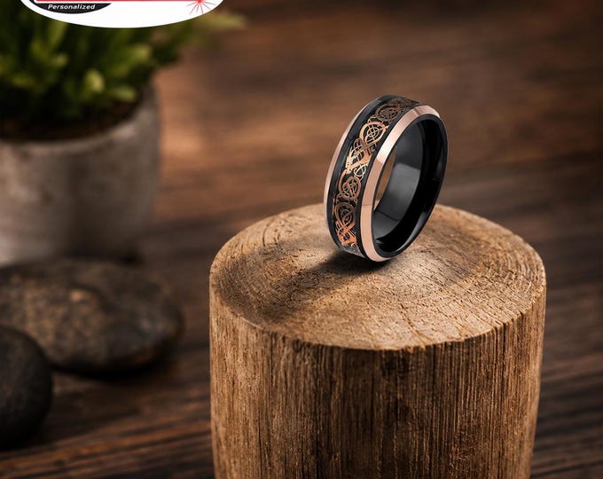 Custom Engraved Jewelry, 8mm Tungsten Carbide Dragon Ring, Black Rose Gold Celtic Wedding Band, Personalized Promise Ring for Couples