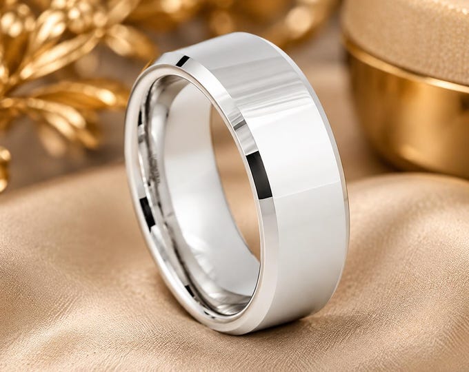 Custom Engraved White Tungsten Wedding Band, Platinum Plated Promise Ring, Personalized Couples Ring, Comfort Fit Wedding Ring Gift