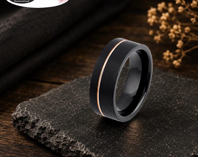 Custom Personalized Black Tungsten Wedding Band 8mm with Rose Gold Inlay, Free Laser Engraving Anniversary Ring, Comfort Fit Promise Band