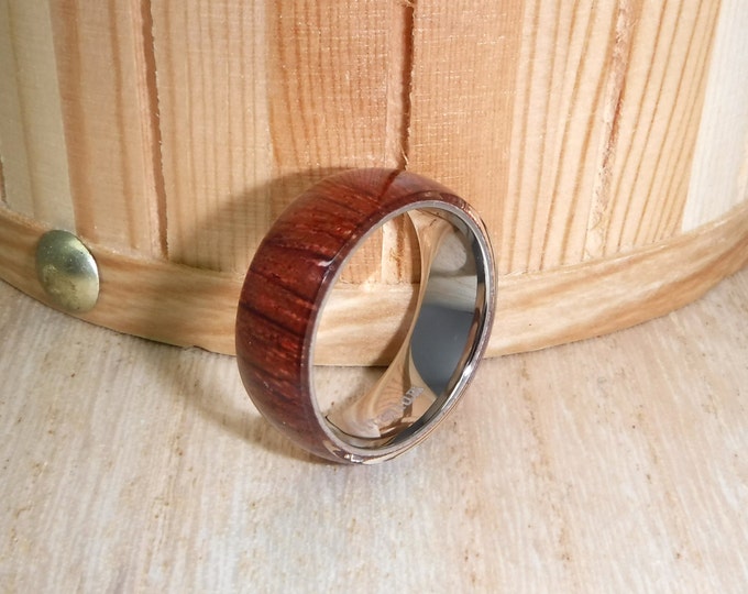 Personalised 8mm Titanium Ring with Real Hawaiian Koa Wood Inlay, Dome Wedding Band for Men & Women, Custom Engraving Minimalist Ring