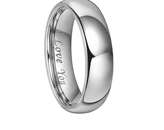 Personalized Engraving - 8mm or 6mm Shiny  Tungsten Carbide  " I love you " | Engagement Anniversary | Wedding Band Ring for Men Or Women