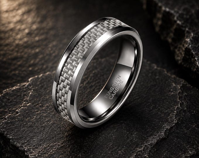Personalized Tungsten Carbide Wedding Band, 8mm Silver Carbon Fiber Inlay Ring