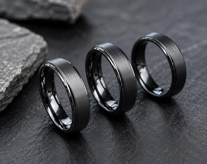 Personalized 8mm Black or Gunmetal Tungsten Ring, Brushed Center Step Edge Wedding Band, Custom Engraved Comfort Fit Promise Ring