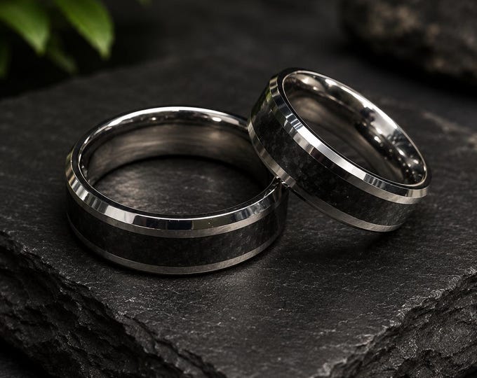 Personalized Tungsten Carbide Wedding Ring Set, Black Carbon Fiber Inlay Bands, Custom Engraved His & Hers Rings, Comfort Fit Promise Gift