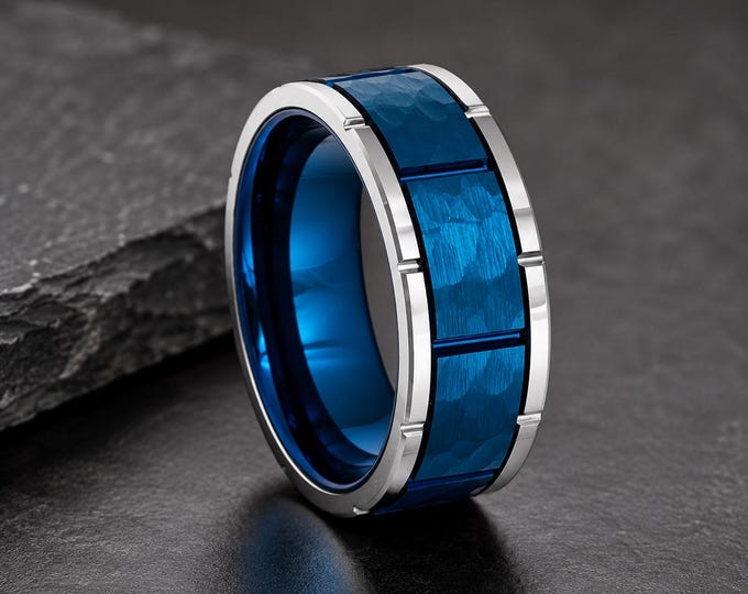 Personalized 8mm Blue Brushed Hammered Tungsten Ring, Grooved Silver Wedding Band, Custom Engraved Couples Ring, Comfort Fit Promise Band