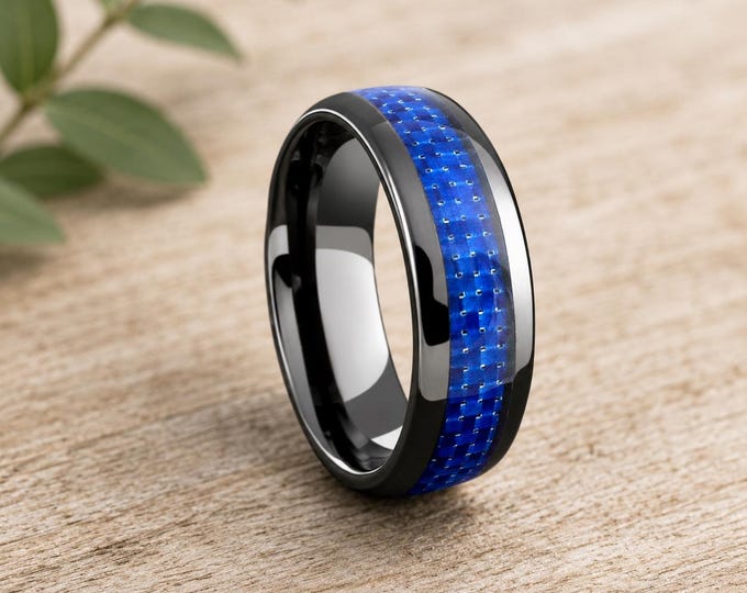 Black Ceramic Ring Blue Carbon Fiber Inlay, 8MM Dome Men's Black Ceramic Ring, Wedding Band With Carbon Fiber, Arrow Inlay Engagement Ring