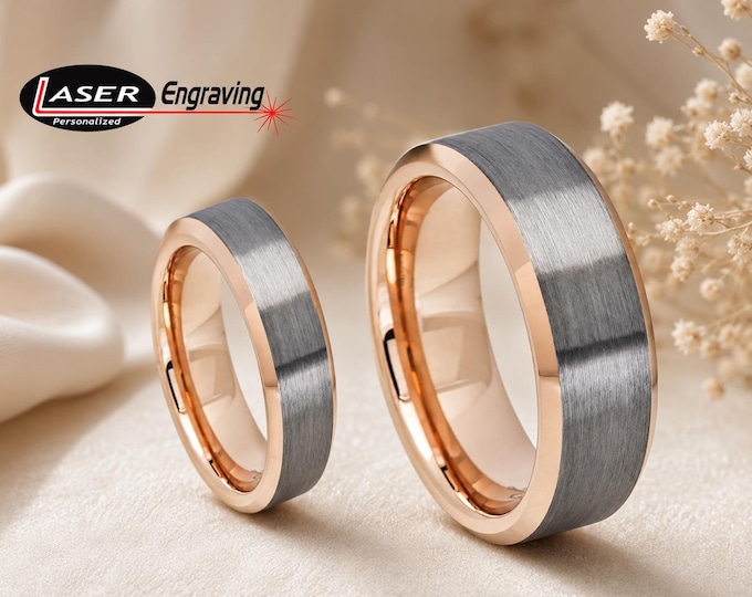 Personalized Rose Gold Tungsten Wedding Band Set, Beveled Edge His & Hers Rings, Custom Engraved Couple Rings, Anniversary Gift for Bride