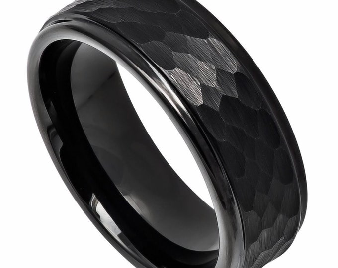 Tungsten Wedding Band, Custom Engraved Black Ring, 8mm Hammered Center Ring for Men or Women, Durable Silver Band, Minimalist Promise Ring