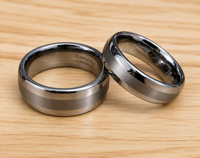 Custom Engraved Tungsten Carbide Wedding Band Ring, Brushed Center Finish Ring, Classic Men’s Anniversary Ring, Personalized Couple Gift