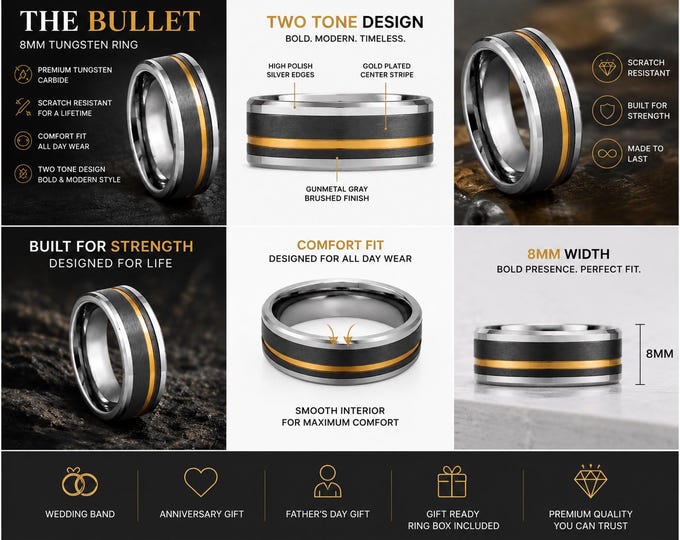 The Bullet 8mm Tungsten Ring for Men, Gunmetal Gray Brushed Wedding Band, Gold Stripe, Two Tone Comfort Fit Wedding Ring