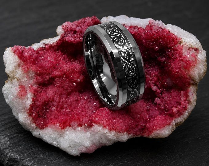 Engraved Tungsten Carbide Men's Ring, Black Celtic Dragon Wedding Band with Meteorite Inlay, Unique Gothic Anniversary Gift for Unisex