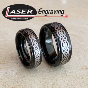 His & Hers Black Tungsten Celtic Wedding Ring Set, 8mm and 6mm Bands with Custom Engraving, Step Edge Durable Comfort Fit Engraved Jewelry