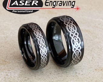 Black Tungsten Celtic Wedding Ring Set, Custom Engraved Bands