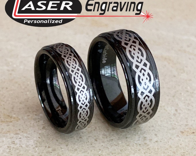 His & Hers Black Tungsten Celtic Wedding Ring Set, 8mm and 6mm Bands with Custom Engraving, Step Edge Durable Comfort Fit Engraved Jewelry