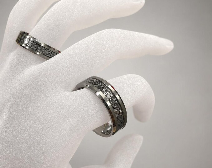 Tungsten Celtic Dragon Ring Set, Black Carbon Fiber Inlay Engraved Wedding Band, Fantasy Wedding Ring, Durable Comfort Fit Anniversary Band