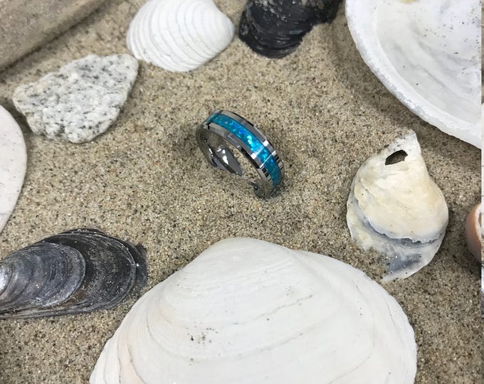 Custom Engraving - 6mm Tungsten Carbide With Hawaiian Blue Inlay Wedding Band Ring for Men Or Women
