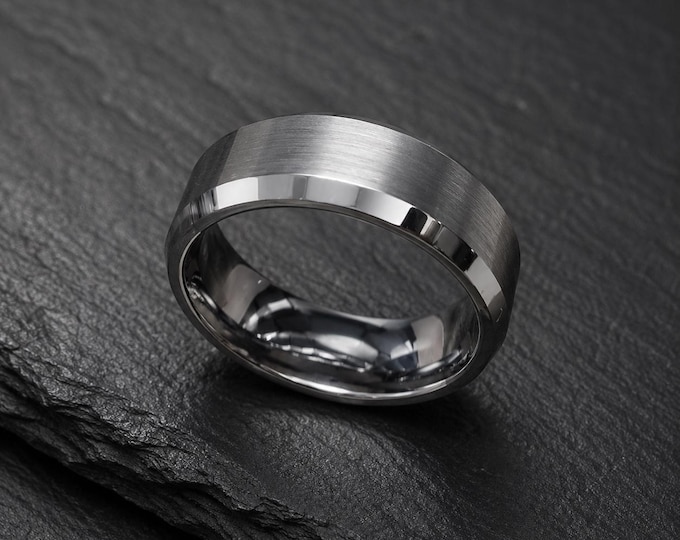 Custom Laser Engraved Tungsten Carbide Wedding Band, Women's Beveled Edge Ring, Personalized Men's Wedding Ring, Durable Anniversary Gift