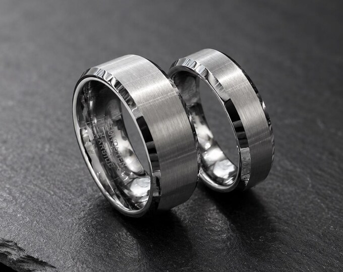 Personalized Tungsten Wedding Bands for Couples, Brushed Beveled Edge Rings, Custom Engraved Promise Rings, Durable Comfort Fit Matching Set