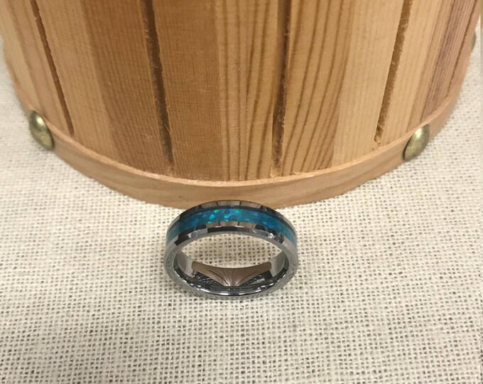 Custom Engraving - 6mm Tungsten Carbide Beveled Edge Hawaiian Blue Inlay Fiber Inlay Wedding Band Ring  for Men Or Women