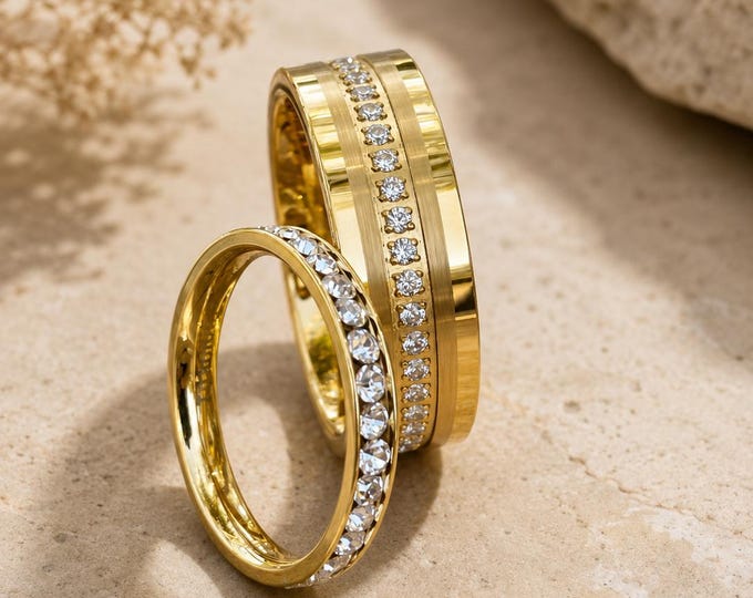 Custom Personalized Gold Tungsten Eternity Wedding Band for Men & Women, Titanium CZ Ring, Luxury Matching Couple Rings, Anniversary Gift