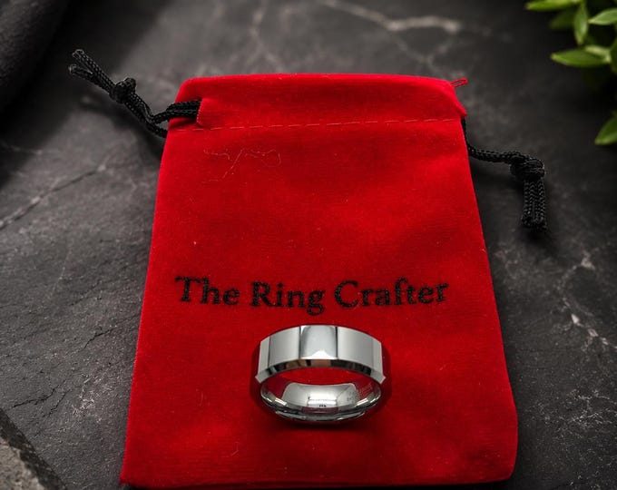 Black Tungsten Carbide Wedding Band, Beveled Edge Custom Engraved Ring, Brushed Comfort Fit Anniversary Ring, Durable Scratch Resistant Ring