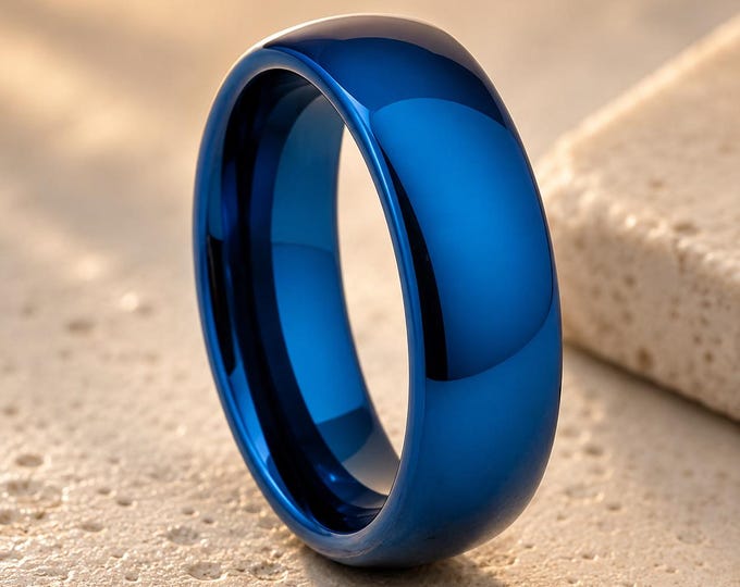 Custom Tungsten Carbide Blue Shiny Ring, Personalized Engraved Band, Matching Couple Ring, Unique Anniversary Gift, Durable Comfort Fit Ring