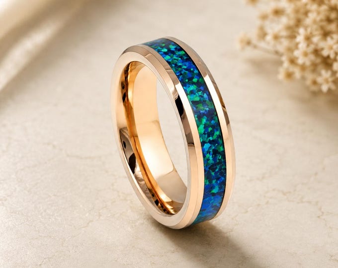 Rose Gold Tungsten Wedding Band, Blue Opal Inlay Ring, Custom Engraved Personalized Promise Ring, 8mm Durable Comfort Fit Anniversary Gift