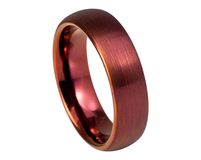 Personalized Tungsten Ring 6mm for Men & Women, Red Wine IP Plated Brushed Dome Band, Custom Laser Engraved Ring, Unique Wedding Jewelry