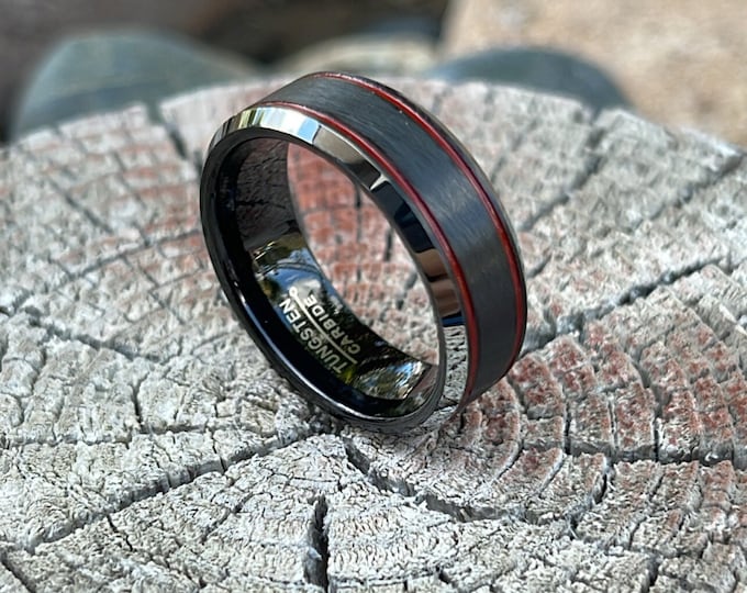 Red Tungsten Wedding Band, Black Tungsten Ring, Red Tungsten Wedding Ring, 8mm Black Tungsten Ring, Wedding Band for Men or Women