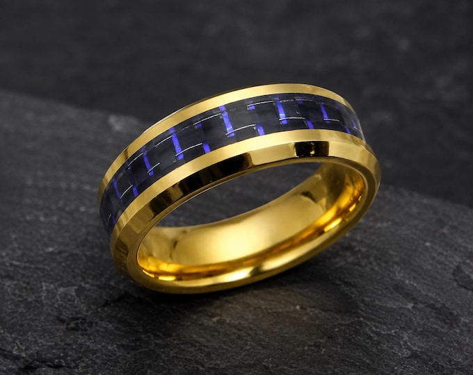 Custom Engraved Gold Tungsten Ring, Black & Blue Carbon Fiber Inlay Wedding Band, Personalized Mens Ring, Unique Anniversary Gift