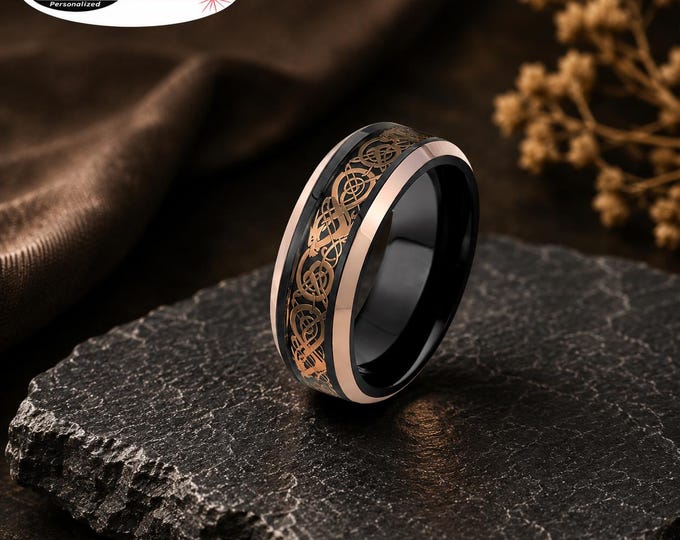 Personalized 8mm Black Rose Gold Tungsten Carbide Ring, Engraved Celtic Dragon Wedding Band, Custom Promise Ring, Comfort Fit Wedding Gift