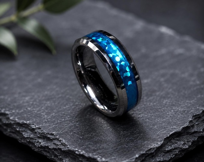 Tungsten Ring with Hawaiian Blue Inlay, Custom Engraved Wedding Band, 6mm Comfort Fit Ring, Personalized Promise Ring, Men's & Women's Gift