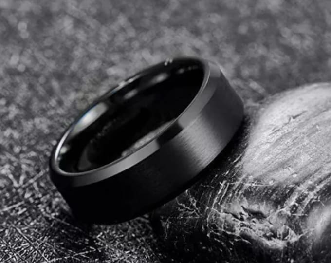 Personalized Engraving - 8mm or 6mm Black Tungsten Carbide Brushed Center Bevel Edge | Anniversary | Wedding Band Ring for Men Or Women