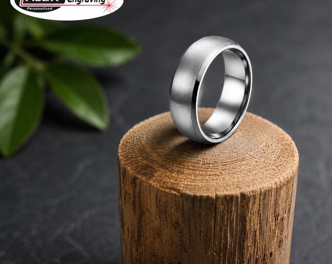 Personalized Tungsten Carbide Wedding Band, 8mm Beveled Edge Brushed Center Unisex Ring, Custom Engraved Promise Ring for Anniversary Gift