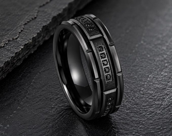Personalized Black Tungsten Wedding Band 8mm, Engraved CZ Ring, Custom Comfort Fit Promise Ring, Men's Anniversary Band, His Wedding Jewelry
