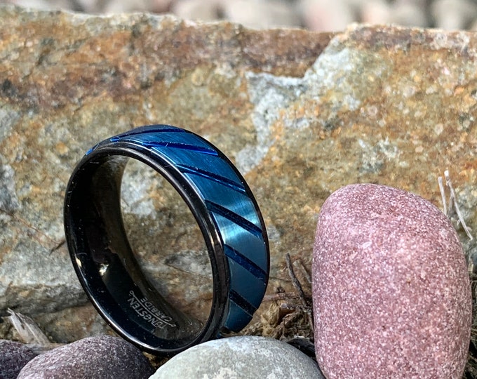 Two tone Mens Tungsten Wedding Band 8mm Blue Tungsten Ring Brushed Wedding Band Mens Wedding Ring Blue and Black Tungsten Ring Mens Ring