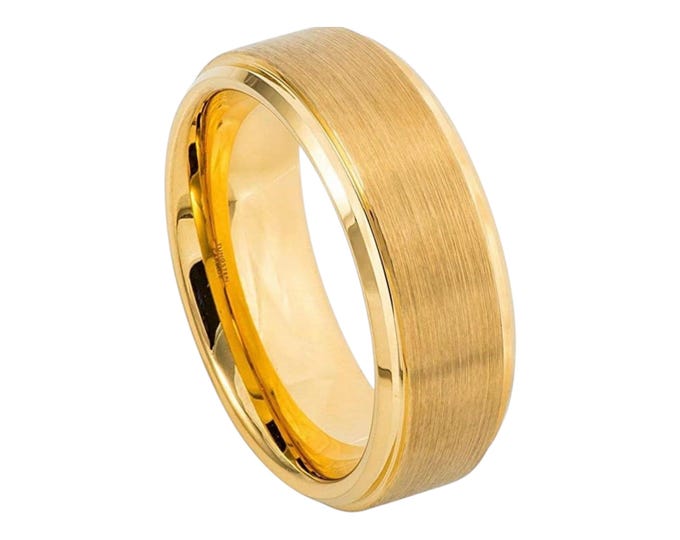 Personalized Engraving 8mm or 6mm Gold Brushed Tungsten Carbide Christian Cross | Engagement Anniversary Wedding Band Ring for Men Or Women