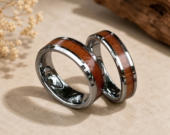 Custom Personalized Men & Woman Tungsten Carbide Wood Inlay Engagement Wedding Band Ring Set