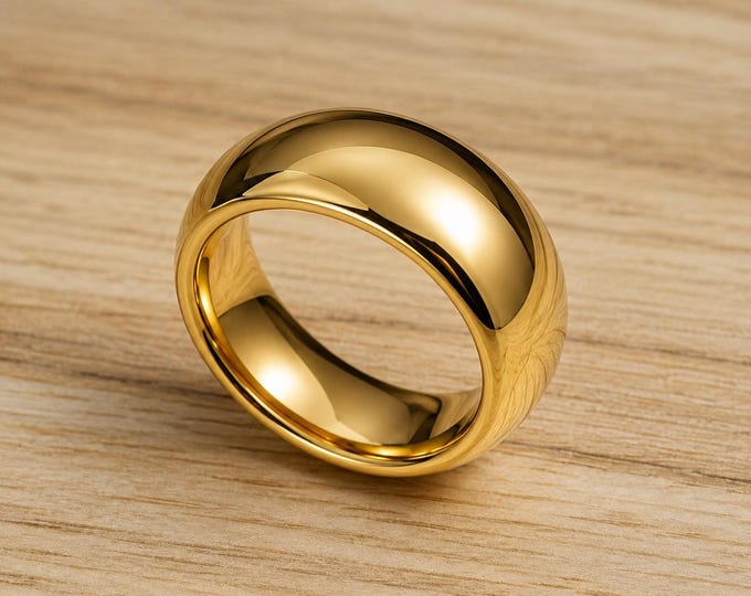 Personalized Gold Tungsten Wedding Band 8mm, Custom Laser Engraved Ring, Comfort Fit Wedding Ring for Men, Anniversary Gift Groom Band