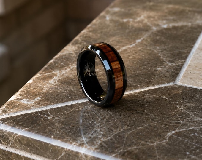 Personalized Black Tungsten Wedding Band with Koa Wood Inlay, Custom Engraved Ring for Men & Women, Unique Rustic Anniversary Jewelry