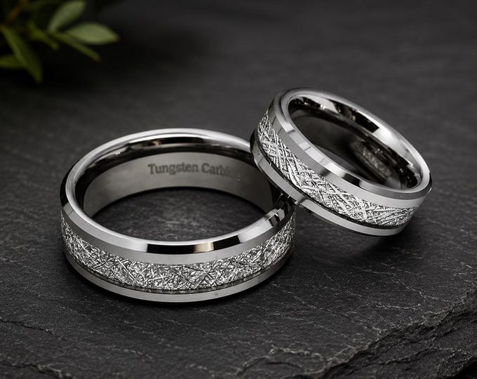 Personalized Engraved Ring, Tungsten Carbide Meteorite Inlay Ring, Custom Wedding Band, Anniversary Promise Ring, Unique  Anniversary Gift