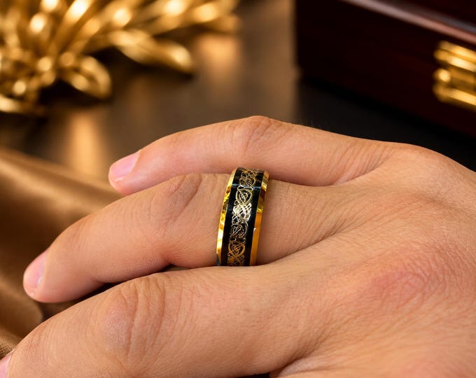 Custom Dragon Celtic Wedding Band for Men, 8mm Black Tungsten Carbide Ring with Rose Gold Inlay, Personalized Engraved Promise Ring